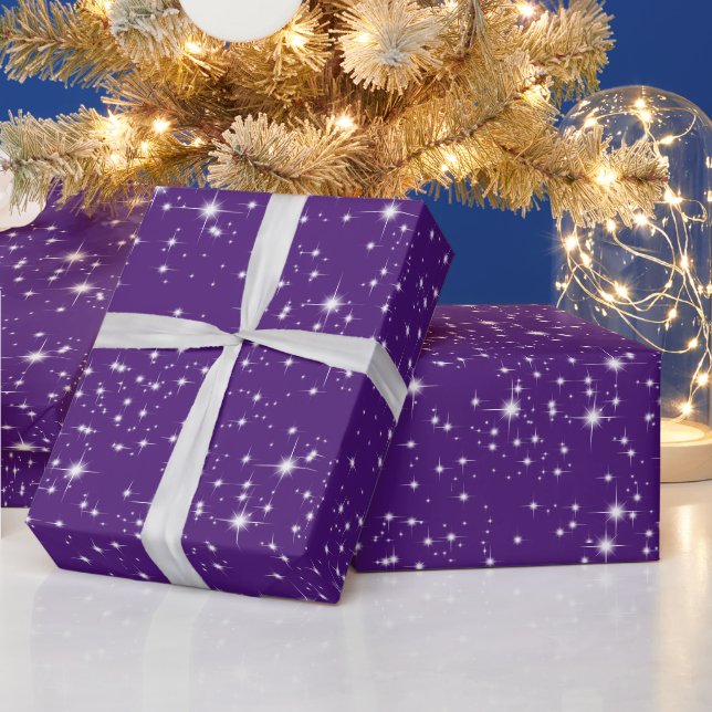 Christmas Twinkling Stars On Purple Wrapping Paper (Holidays)