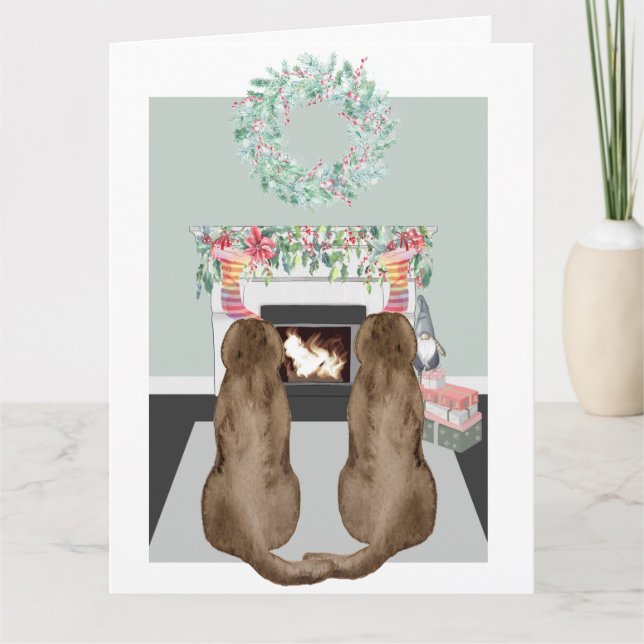 Christmas Two Choc Labrador Dogs Fireplace Scene Card (Front)