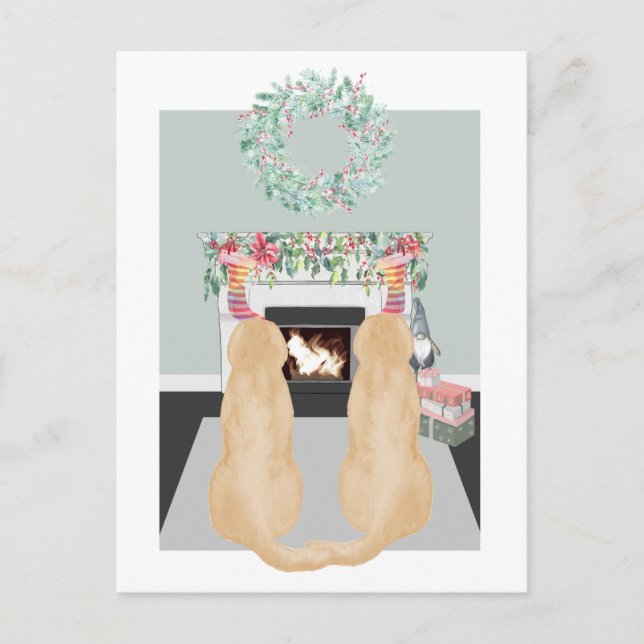 Christmas Two Yellow Labrador Dogs Fireplace Scene Holiday Postcard (Front)