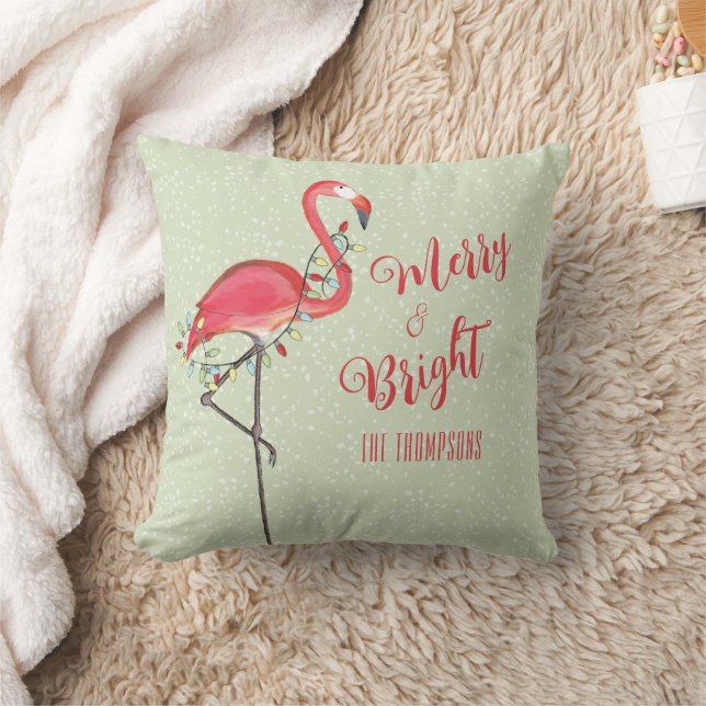 Christmas Typography Beach Pink Flamingo Throw Pillow (Blanket)