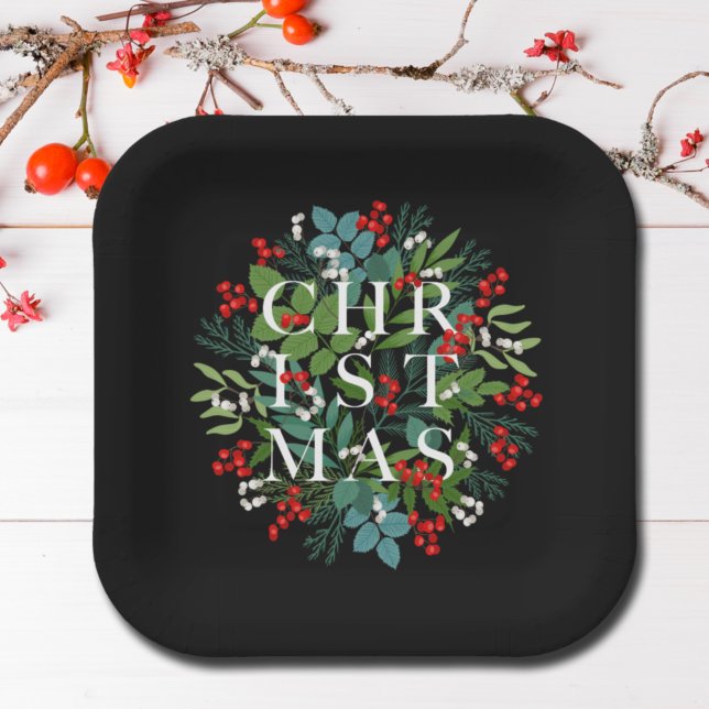 CHRISTMAS Typography Berries and Greenery Paper Plate (Creator Uploaded)