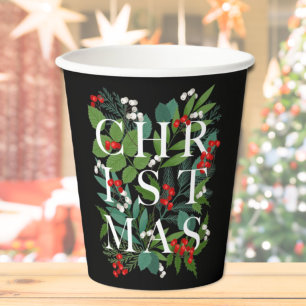 CHRISTMAS Typography Berries Greenery Black Paper Cups