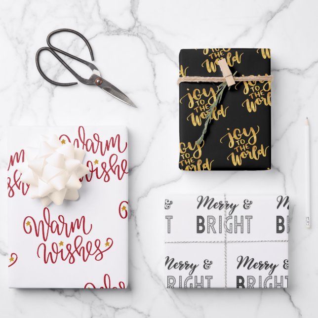 Christmas Typography Black Gold Red White Wrapping Paper Sheet (Front)
