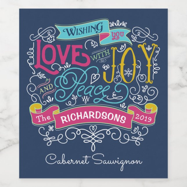 Christmas Typography Love Joy Peace Custom Banner Wine Label (Single Label)