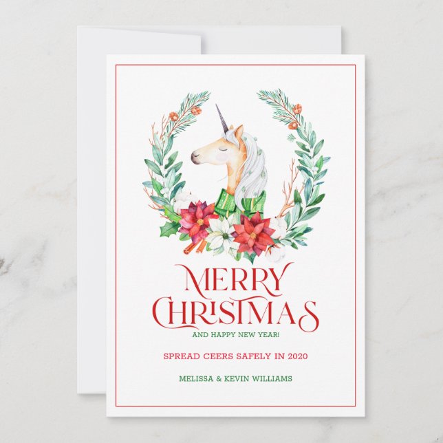 Christmas typography poinsettia & unicorn wreath holiday card (Front)
