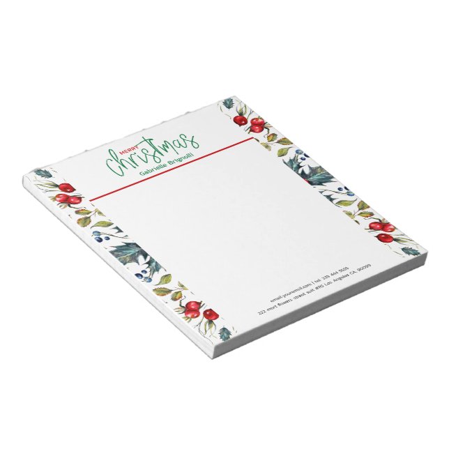 Christmas typography, red berries with green holly notepad (Angled)