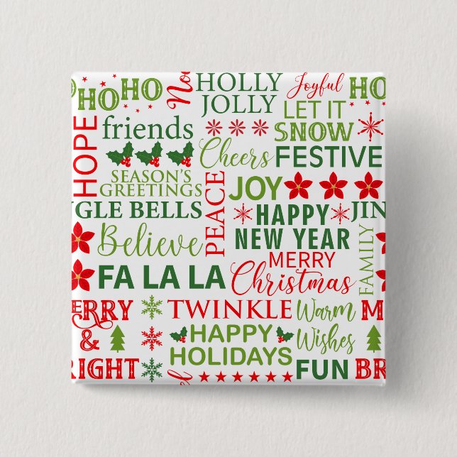 Christmas Typography Red & Green Seamless Pattern 2 Inch Square Button (Front)