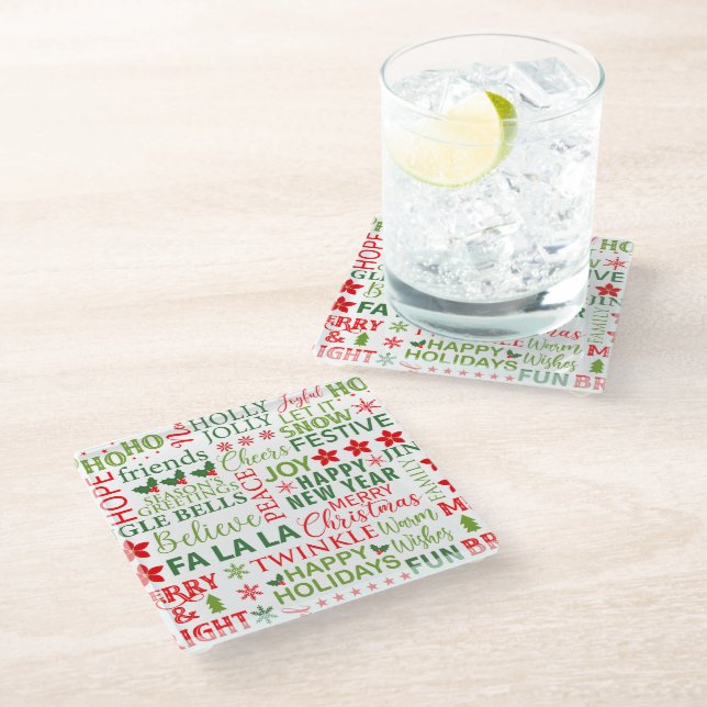 Christmas Typography Red & Green Seamless Pattern Glass Coaster (Angled)