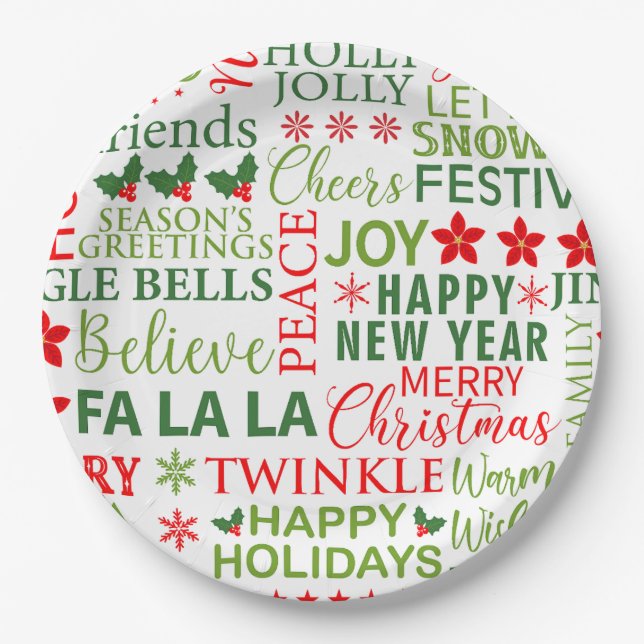 Christmas Typography Red & Green Seamless Pattern Paper Plate (Front)