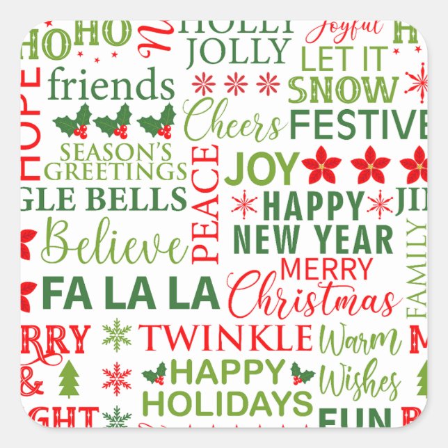 Christmas Typography Red & Green Seamless Pattern Square Sticker (Front)