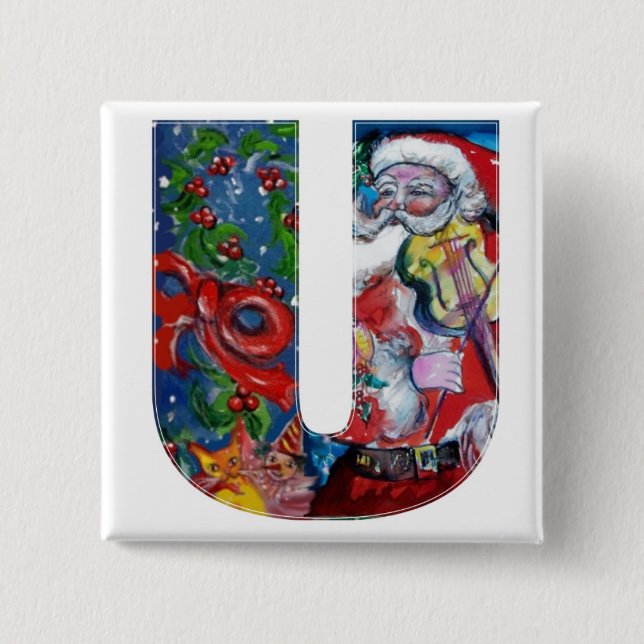 CHRISTMAS U LETTER / SANTA  WITH VIOLIN MONOGRAM 2 INCH SQUARE BUTTON (Front)