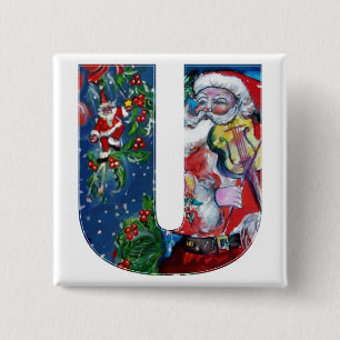 CHRISTMAS U LETTER / SANTA  WITH VIOLIN MONOGRAM 2 INCH SQUARE BUTTON