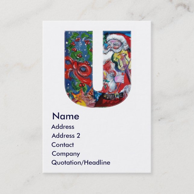 CHRISTMAS U LETTER  / SANTA  WITH VIOLIN MONOGRAM BUSINESS CARD (Front)