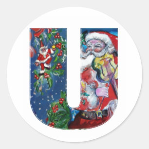 CHRISTMAS U LETTER  / SANTA WITH VIOLIN MONOGRAM CLASSIC ROUND STICKER