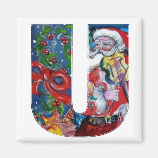 CHRISTMAS U LETTER / SANTA  WITH VIOLIN MONOGRAM MAGNET (Front)
