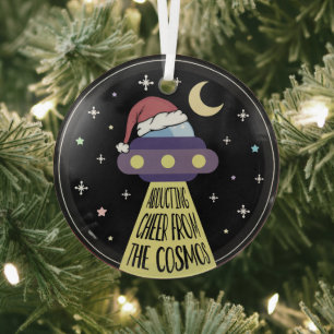 Christmas UFO Funny Glass Ornament