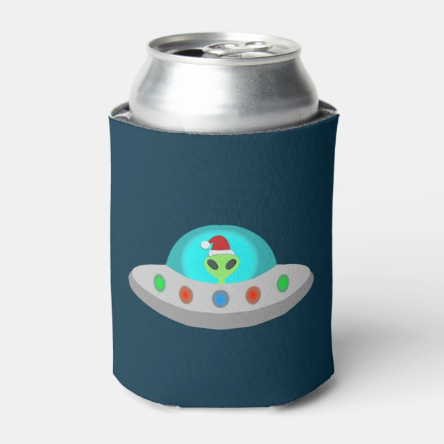 Christmas UFO Ho Ho Alien flying saucer Can Cooler (Can Front)