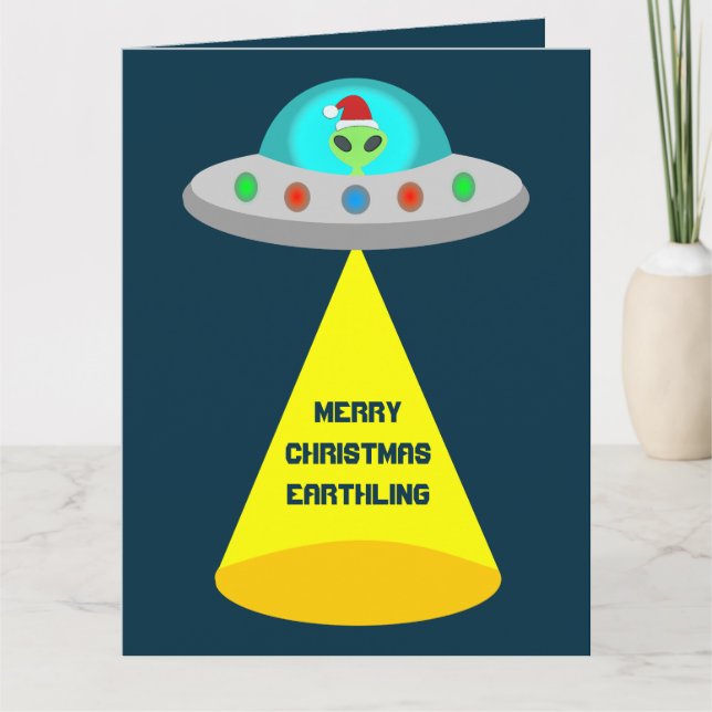 Christmas UFO Ho Ho Alien Flying Saucer Custom Card (Front)
