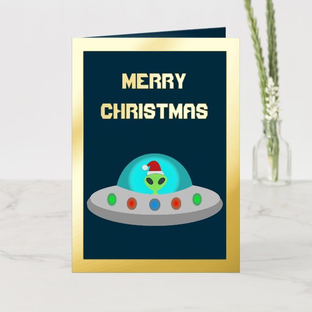 Christmas UFO Ho Ho Alien flying saucer Custom Foil Greeting Card (Flower)