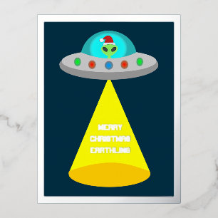 Christmas UFO Ho Ho Alien Flying Saucer Custom Foil Holiday Postcard