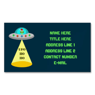 Christmas UFO Ho Ho Alien flying saucer Custom Magnetic Business Card