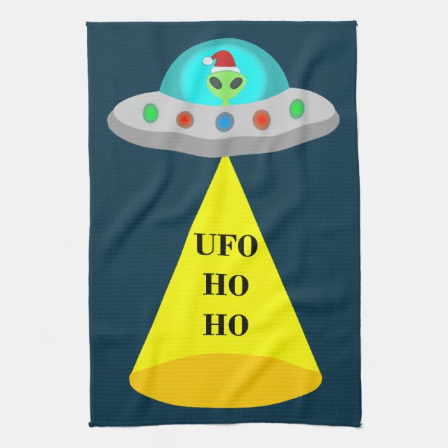 Christmas UFO Ho Ho Alien flying saucer Kitchen Towel (Vertical)