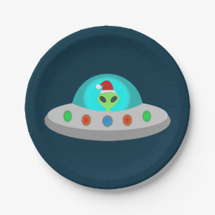 Christmas UFO Ho Ho Alien flying saucer Paper Plate