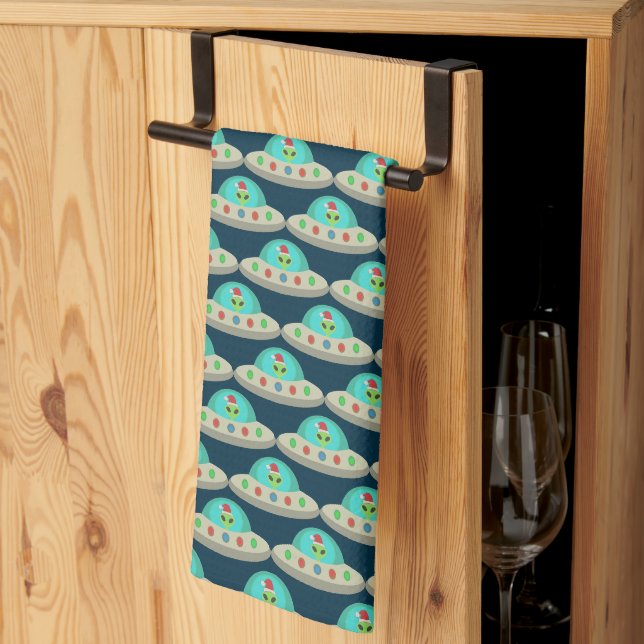 Christmas UFO Ho Ho Alien flying saucer Patterned Kitchen Towel (Thirds Fold)
