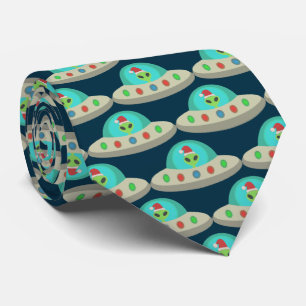 Christmas UFO Ho Ho Alien flying saucer Patterned Tie