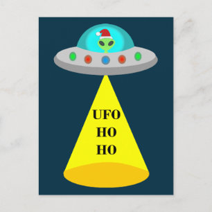 Christmas UFO Ho Ho Alien flying saucer Postcard