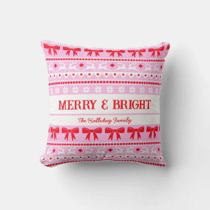Christmas Ugly Sweater Family Name Pink & Red Throw Pillow