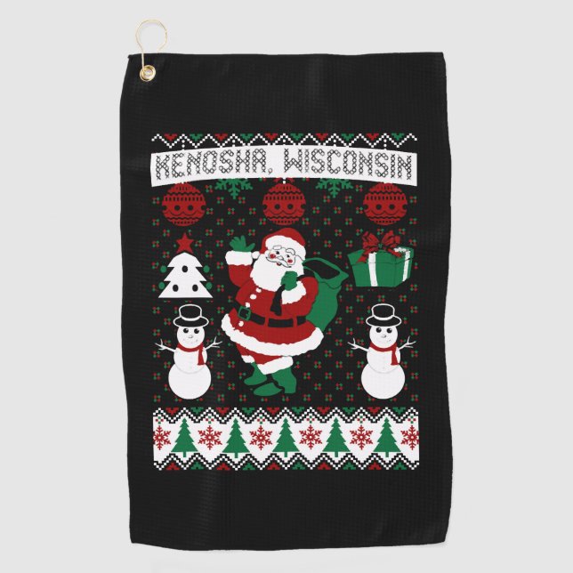 Christmas Ugly Sweater Kenosha Wisconsin Golf Towel (Front)