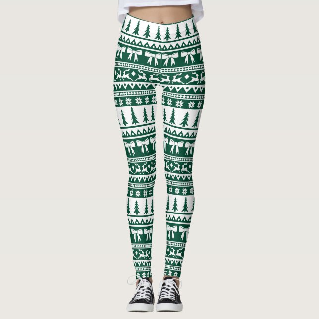 Christmas Ugly Sweater Knit Pattern in Dark Green Leggings (Front)