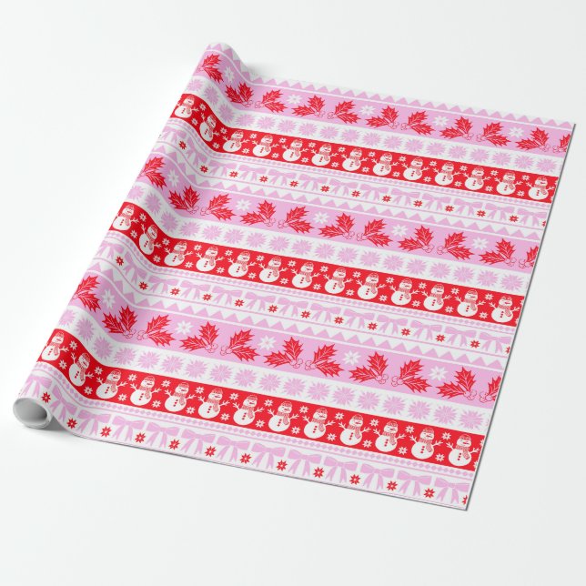 Christmas Ugly Sweater Knit Pattern in Pink & Red Wrapping Paper (Unrolled)