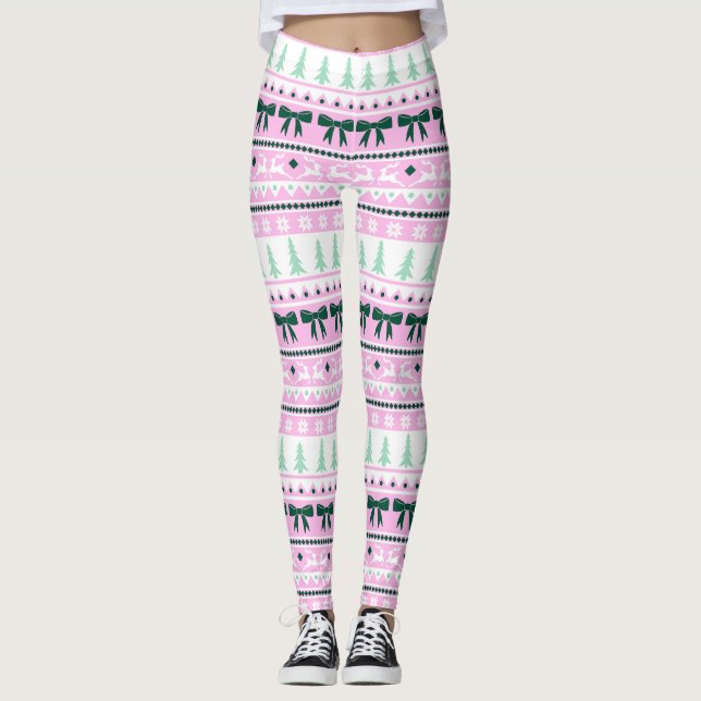 Christmas Ugly Sweater Knit Pattern Pink & Green Leggings (Front)