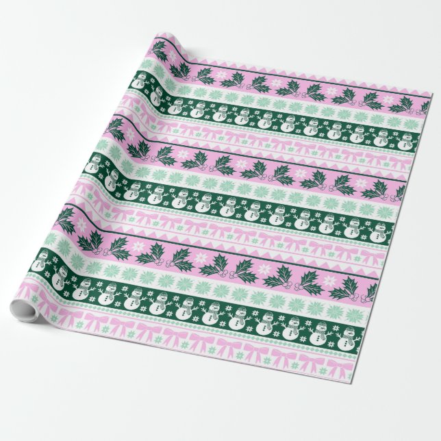 Christmas Ugly Sweater Knit Pattern Pink & Green Wrapping Paper (Unrolled)