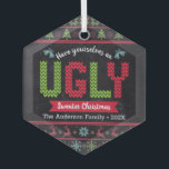 Christmas Ugly Sweater Nordic Knit Fun Chalkboard  Glass Ornament<br><div class="desc">“Have yourself an ugly sweater Christmas.” Help decorate your tree in “style” with this unique, fun holiday premium glass ornament! Nordic knit fair isle pattern of whimsical trees, reindeer, ornaments, along with playful “sweater” typography in red, green and aqua blue, overlay a chalkboard background. Feel the warmth and joy of...</div>
