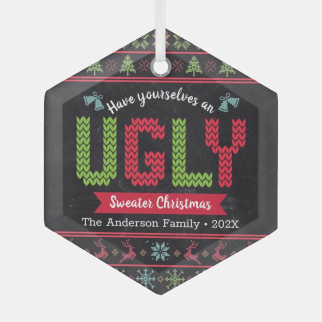 Christmas Ugly Sweater Nordic Knit Fun Chalkboard  Glass Ornament (Front)