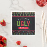 Christmas Ugly Sweater Nordic Knit Name Chalkboard Napkin<br><div class="desc">“Eat, drink and be ugly.” Celebrate the holiday season in “style” with this fun, unique, holiday party paper napkin! A cute, Nordic knit fair isle pattern of whimsical trees, reindeer, ornaments, along with playful “sweater” typography in red, green and aqua blue, overlay a chalkboard background. Personalize with your name. Choose...</div>