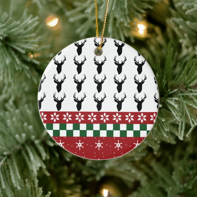 Christmas Ugly Sweater Pattern Snowflake Deer Ceramic Ornament (Tree)