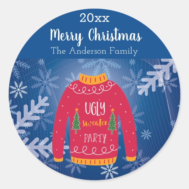 Christmas ugly sweater red blue snowflakes name classic round sticker (Front)