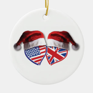 Christmas UK USA Patriotic Heats Ceramic Ornament