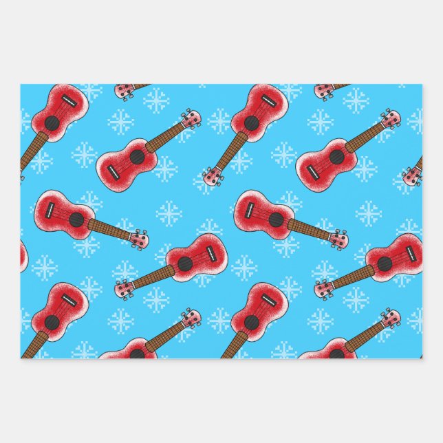 Christmas Ukulele Uke Player Musician Pattern Wrapping Paper Sheet (Front)