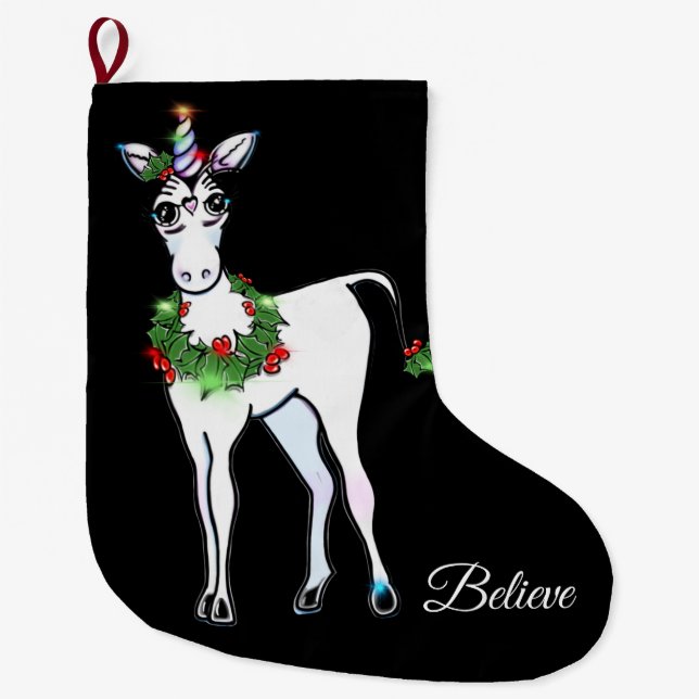 Christmas Unicorn, believe Large Christmas Stocking (Front)