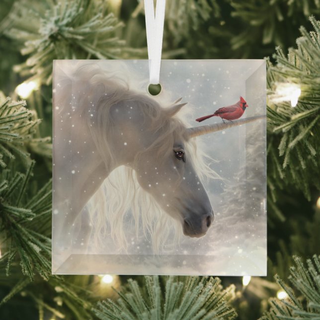Christmas Unicorn Cardinal Holiday Glass Ornament (Insitu)