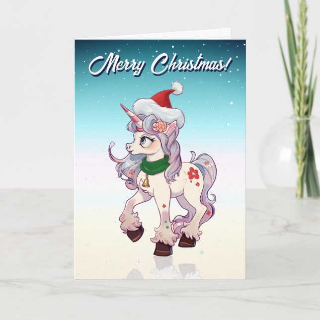 Christmas Unicorn Cartoon Holiday Card (Front)
