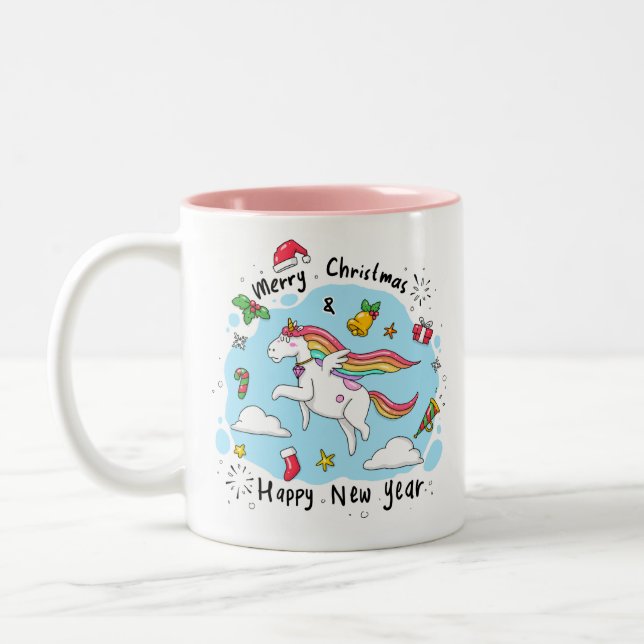 Christmas Unicorn Doodle Pink Two-Tone Coffee Mug (Left)