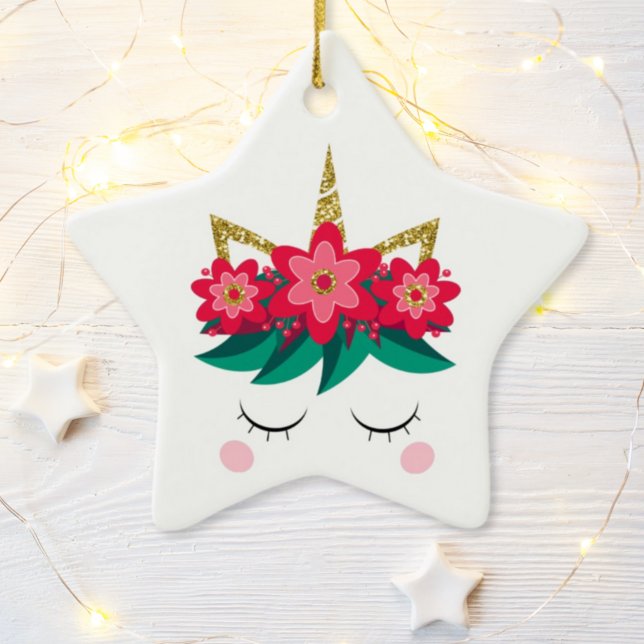 Christmas Unicorn Face Flowers Personalized Ceramic Ornament (Creator Uploaded)