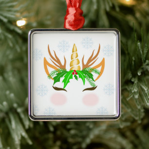Christmas Unicorn Face Metal Ornament