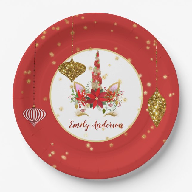 Christmas Unicorn Face Personalized Party Paper Plate (Front)